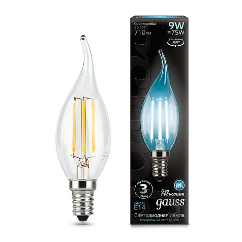 Лампа светодиодная Gauss, 9Вт E14 LED, 4100К, Filament Свеча на ветру купить в СОМ