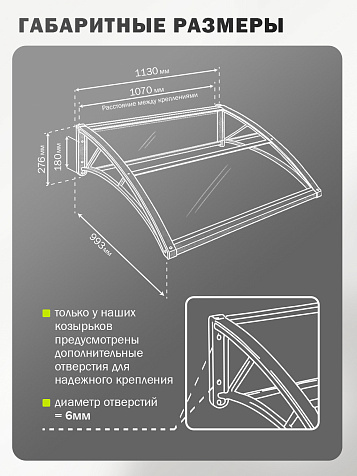 Козырек (навес) защитный усиленный профиль одинарный серый, ПК сотовый темный 6 мм, 993х1130х276 мм купить в СОМ