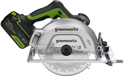Пила циркулярная Greenworks GD24CSCUB, 24В, Li-ion, АКБ 1х4.0А/ч, 185х20мм, бесщеточная купить в СОМ