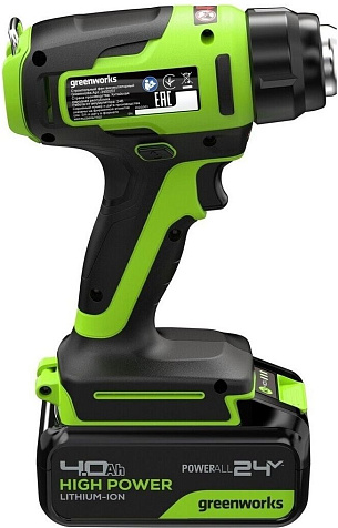 Фен строительный Greenworks G24HG, 24В, Li-ion, АКБ 1х4.0А/ч, 3 насадки купить в СОМ