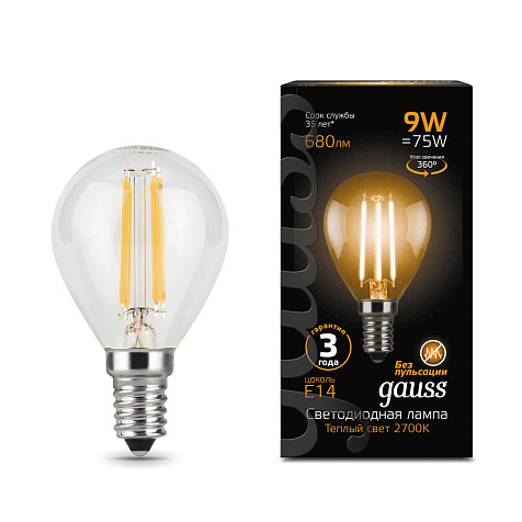 Лампа светодиодная Gauss Filament, Шар 9Вт, 680Lm, 2700К, Е14 купить в СОМ