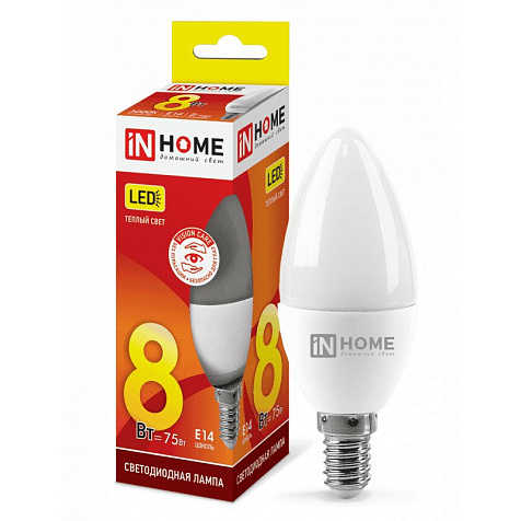 Лампа светодиодная IN HOME, 8Вт 230В Е14 3000К свеча купить в СОМ