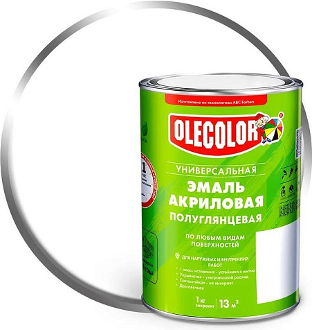 Эмаль акриловая Olecolor, универсальная, белый, полуглянцевый, 0.9 кг купить в СОМ